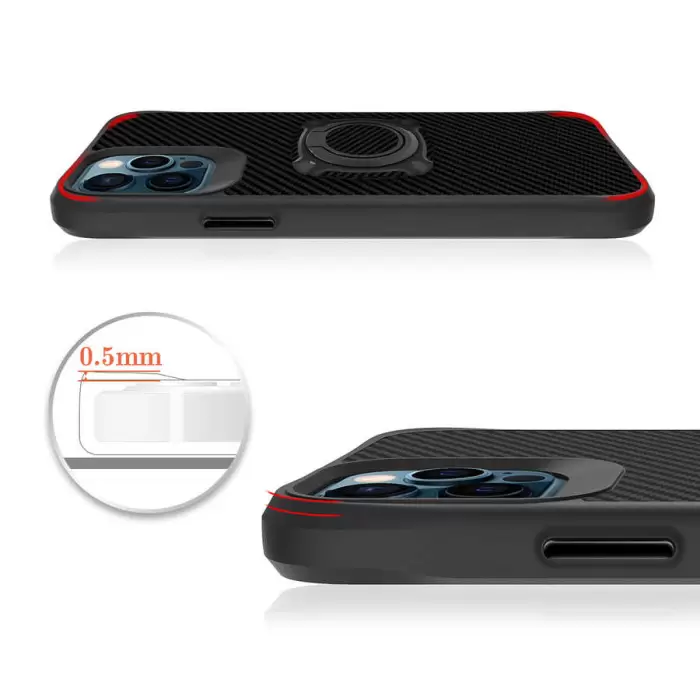 Apple iPhone 12 Pro Max Kılıf Karbon Fiber Kamera Kenar Çıkınıtılı Magnetik Yüzüklü Kapak Timo