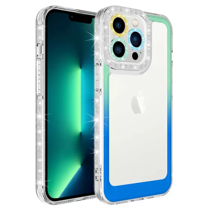 Apple iPhone 12 Pro Max Kılıf Simli ve Renk Geçiş Tasarımlı Lens Korumalı Lopard Park Kapak