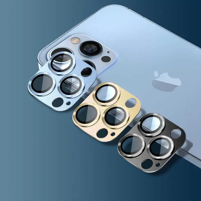 Apple iPhone 13 Pro Metal Çerçeveli Lens Koruma Parlak Renkli Kamera Koruyucu CL-08 Tam Koruma Temperli Cam CL-03