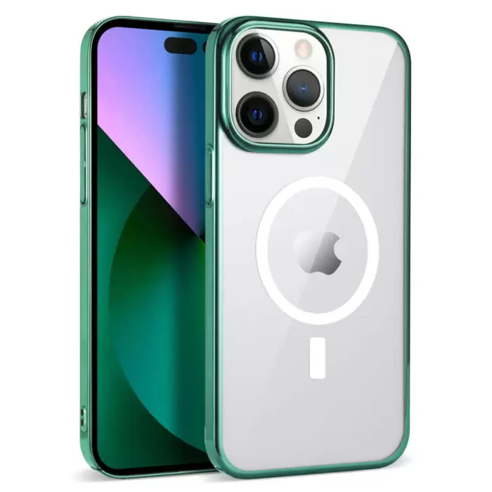 Apple iPhone 13 Pro Max Magsafe Şeffaf Silikon Kamera Korumalı Renkli Kenarlı Darbe Emici Kapak