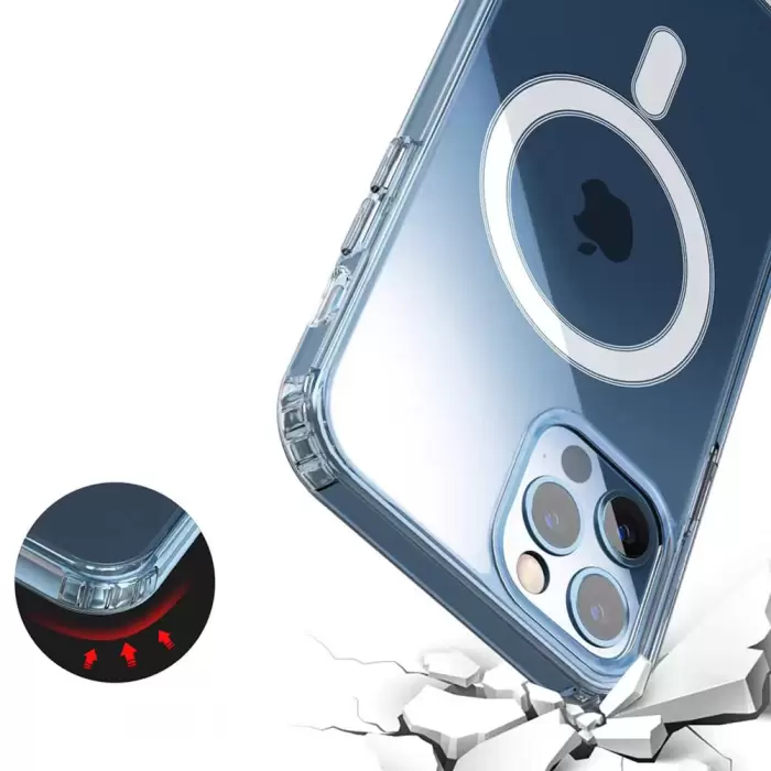 Apple iPhone 13 Pro Max Kılıf Magsafe Şarj Özellikli Şeffaf Sert PC Lopard Embos Kapak
