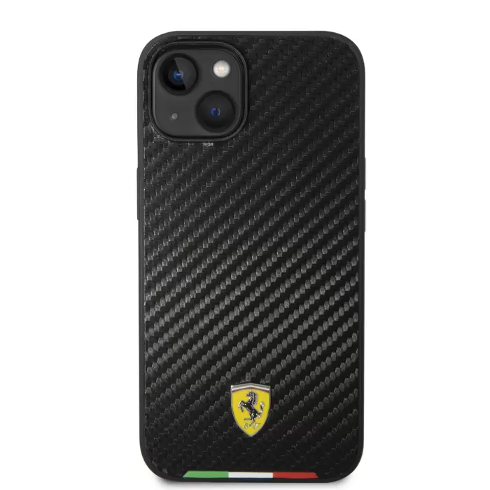 Apple İphone 14 Kılıf Ferrari Magsafe Şarj Özellikli Karbon İtalyan Bayrak Dizayn Kapak