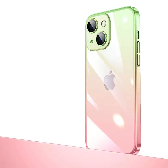 Apple iPhone 14 Kılıf Premium Colorful Ince Kapak Senkron Kamera Üstü Cam Kaplamalı Rainbow Mika