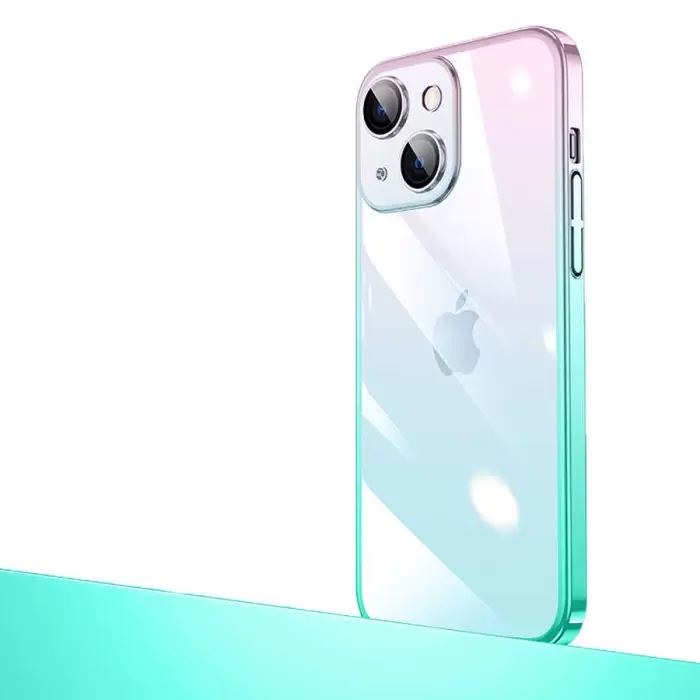 Apple iPhone 14 Kılıf Premium Colorful Ince Kapak Senkron Kamera Üstü Cam Kaplamalı Rainbow Mika