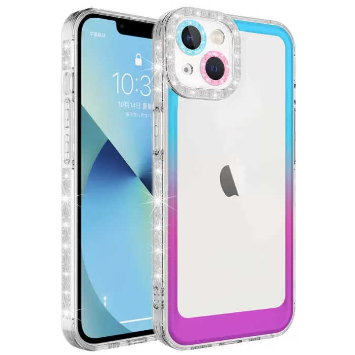 Apple iPhone 14 Kılıf Simli ve Renk Geçiş Tasarımlı Lens Korumalı Lopard Park Kapak