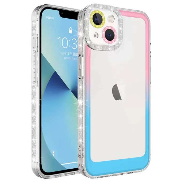 Apple iPhone 14 Plus Kılıf Simli ve Renk Geçiş Tasarımlı Lens Korumalı Lopard Park Kapak