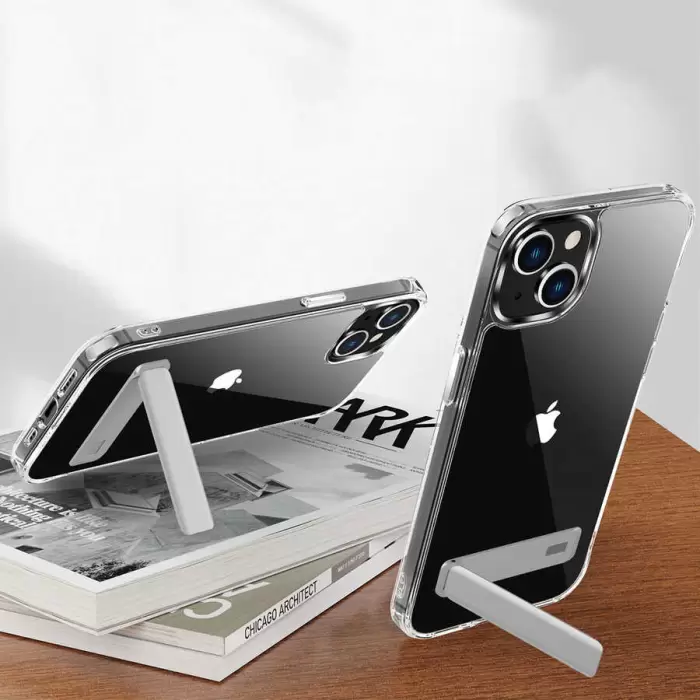 Apple iPhone 14 Plus Kılıf Standlı Şeffaf Silikon Lopard L-Stand Kapak