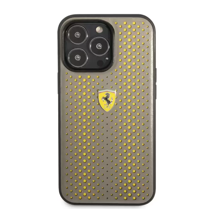 Apple İphone 14 Pro Kılıf Ferrari Deri Sarı Noktalı Dizayn Kapak