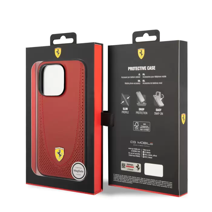 Apple İphone 14 Pro Kılıf Ferrari Magsafe Şarj Özellikli Deri Delikli Dikişli Dizayn Kapak