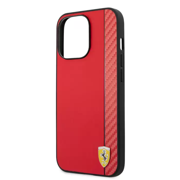 Apple İphone 14 Pro Kılıf Ferrari Magsafe Şarj Özellikli Pu Deri Karbon Şeritli Dizayn Kapak