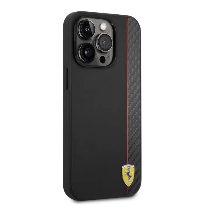 Apple İphone 14 Pro Kılıf Ferrari Magsafe Şarj Özellikli Pu Deri Ve Karbon Şeritli Dizayn Kapak