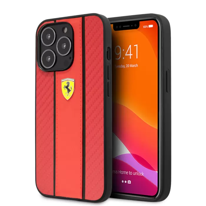 Apple İphone 14 Pro Kılıf Ferrari Pu Deri Ve Karbon Dizayn Kapak