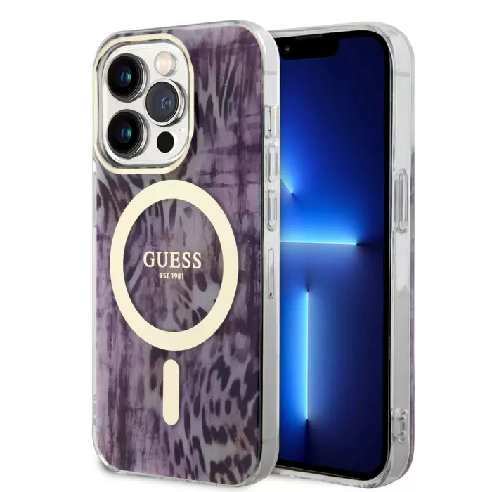 Apple İphone 14 Pro Kılıf Guess Magsafe Şarj  Leopar Desenli Kapak