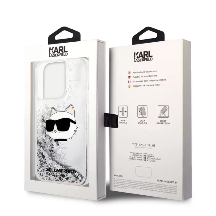 Apple İphone 14 Pro Max Kılıf Karl Lagerfeld Sıvılı Simli Choupette Head Dizayn Kapak