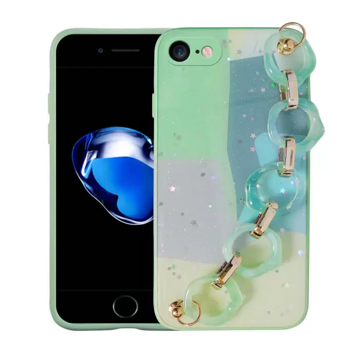 Apple iPhone SE 2020 Kılıf Simli Desenli El Askılı Tutacaklı Lopard Elsa Silikon Kapak