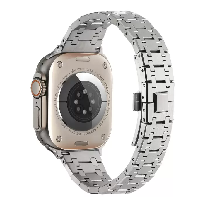 Apple Watch 40mm Lopard Şerit Tasarımlı Otomatik Klipsli Çelik Kordon KRD-83