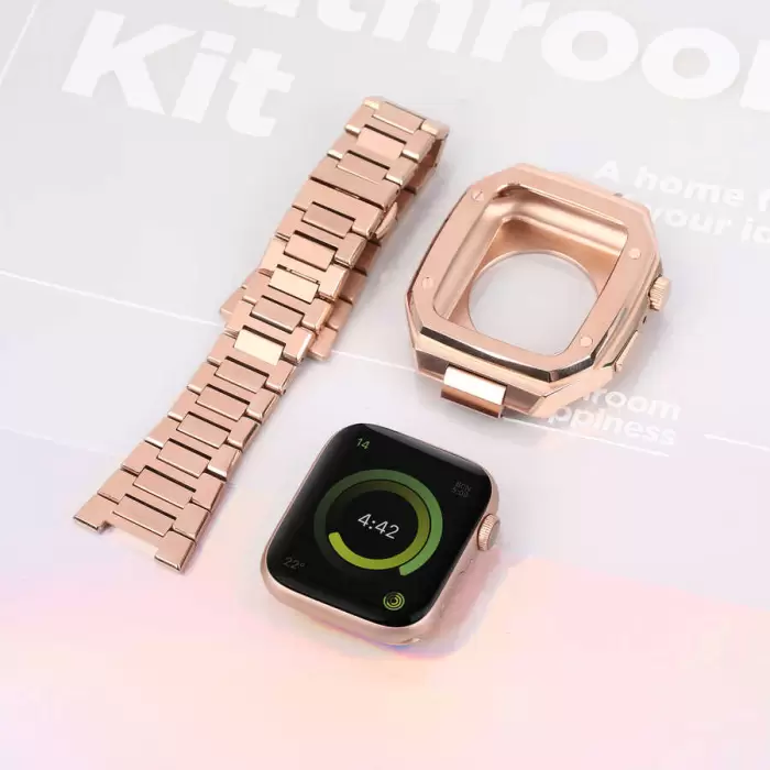 Apple Watch 46mm 10 Serisi Uyumlu Baklalı Kasa Koruyucu Paslanmaz Çelik Akıllı Saat Bileklik Kordon krd64