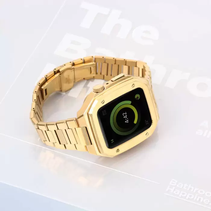 Apple Watch 46mm 10 Serisi Uyumlu Baklalı Kasa Koruyucu Paslanmaz Çelik Akıllı Saat Bileklik Kordon krd64