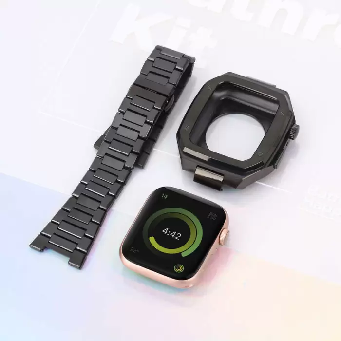 Apple Watch 44mm Uyumlu Baklalı Kasa Koruyucu Paslanmaz Çelik Akıllı Saat Bileklik Kordon krd64