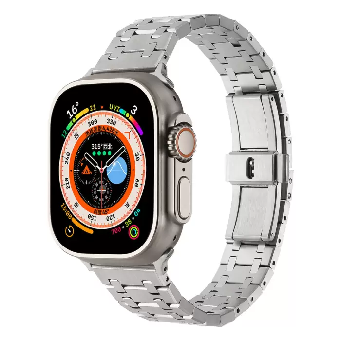 Apple Watch 7 41mm Lopard Şerit Tasarımlı Otomatik Klipsli Çelik Kordon KRD-83