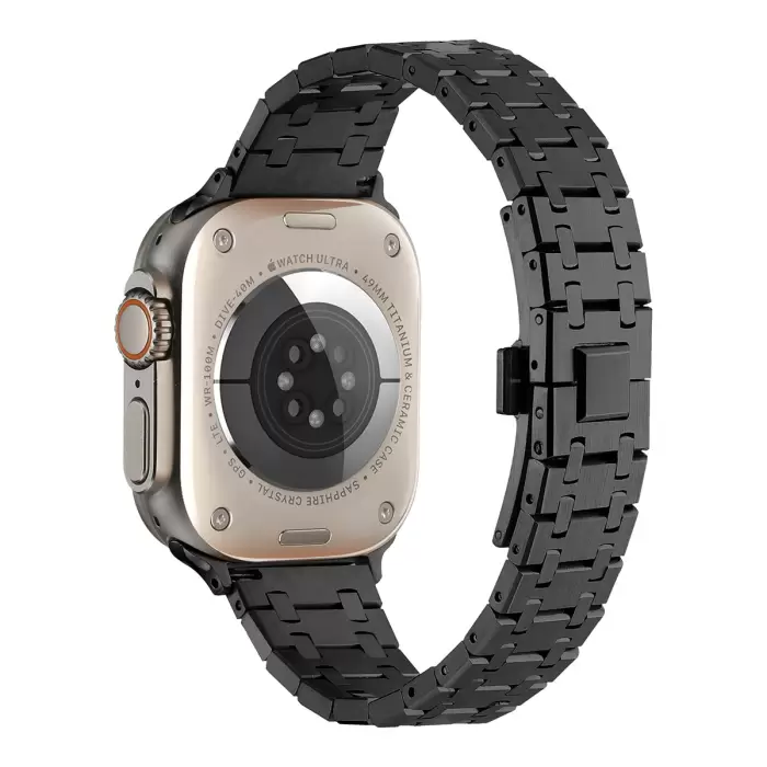 Apple Watch 7 45mm Lopard Şerit Tasarımlı Otomatik Klipsli Çelik Kordon KRD-83