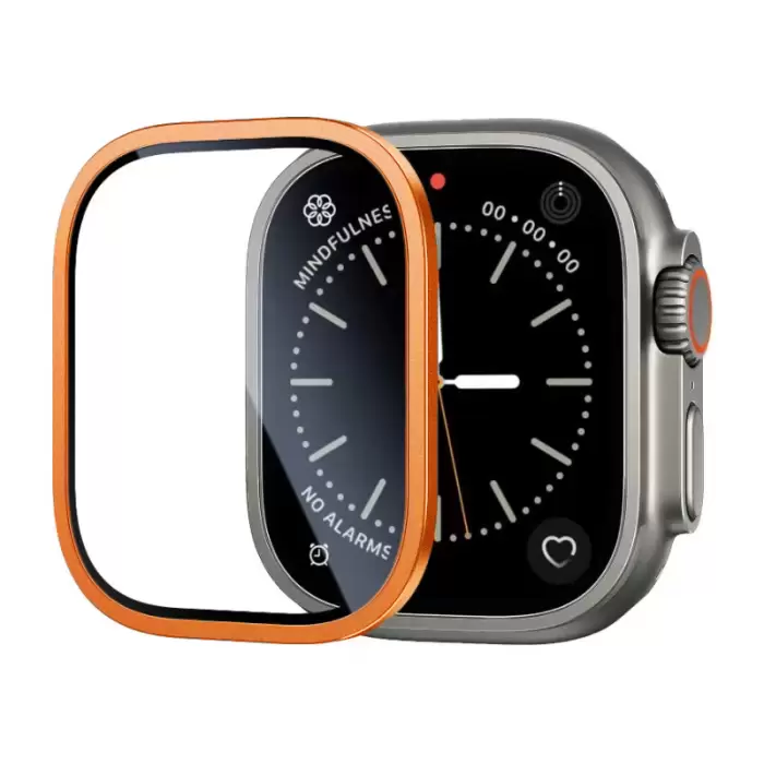 Apple Watch Ultra 49mm  Metal Çerçeveli Ekran Koruyucu Premium Temperli Cam ALM-01