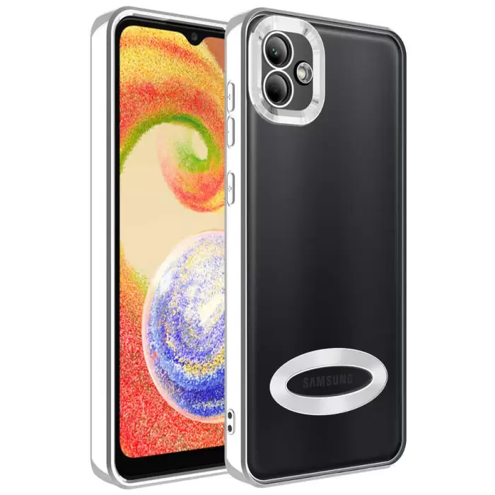 Samsung Galaxy A03 Kamera Lens Korumalı Şeffaf Renkli Logo Gösteren Parlak Omega Kapak