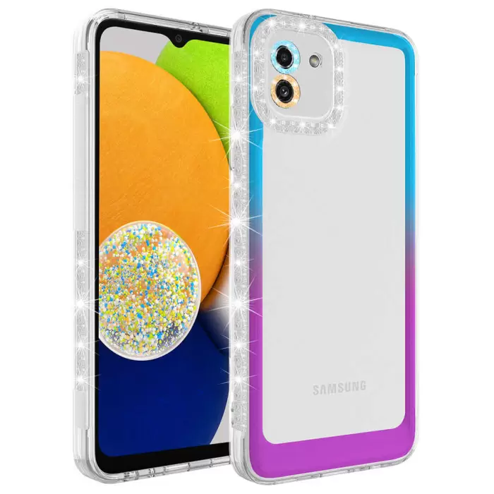 Samsung Galaxy A03 Kılıf Simli ve Renk Geçiş Tasarımlı Lens Korumalı Lopard Park Kapak