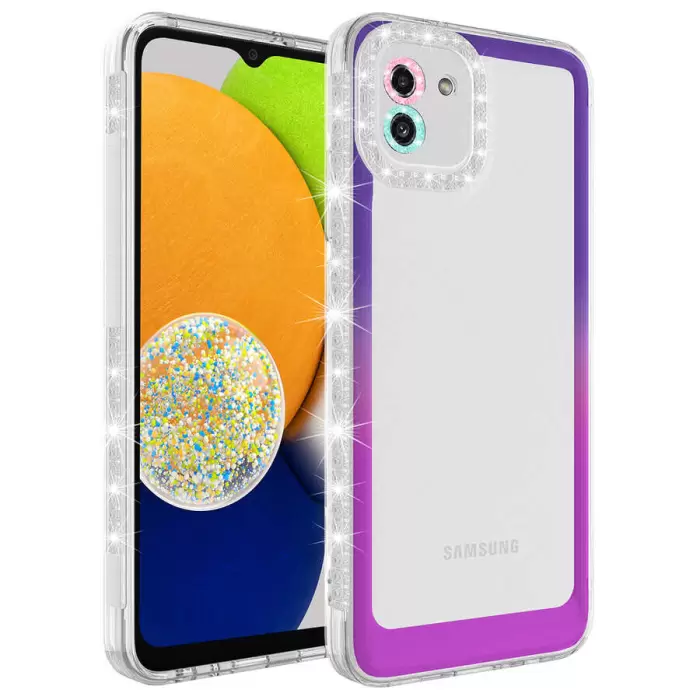 Samsung Galaxy A03 Kılıf Simli ve Renk Geçiş Tasarımlı Lens Korumalı Lopard Park Kapak