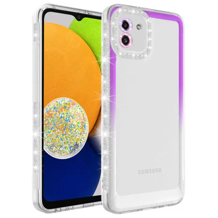 Samsung Galaxy A03 Kılıf Simli ve Renk Geçiş Tasarımlı Lens Korumalı Lopard Park Kapak