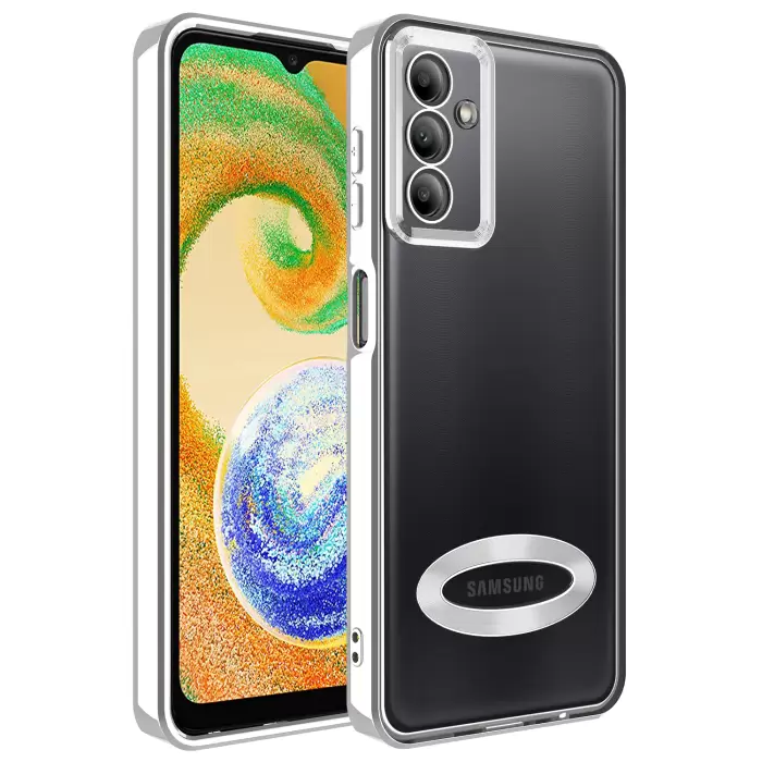 Samsung Galaxy A04S Kamera Lens Korumalı Şeffaf Renkli Logo Gösteren Parlak Omega Kapak