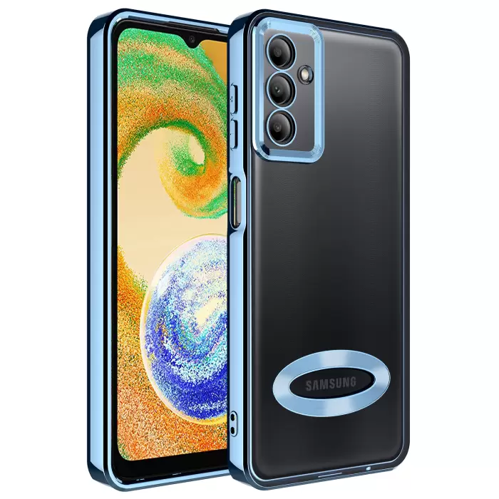 Samsung Galaxy A04S Kamera Lens Korumalı Şeffaf Renkli Logo Gösteren Parlak Omega Kapak