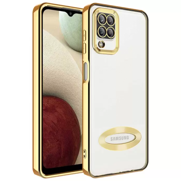 Samsung Galaxy A12 Kamera Lens Korumalı Şeffaf Renkli Logo Gösteren Parlak Omega Kapak