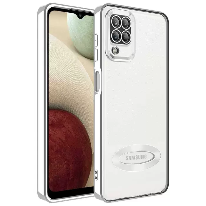 Samsung Galaxy A12 Kamera Lens Korumalı Şeffaf Renkli Logo Gösteren Parlak Omega Kapak