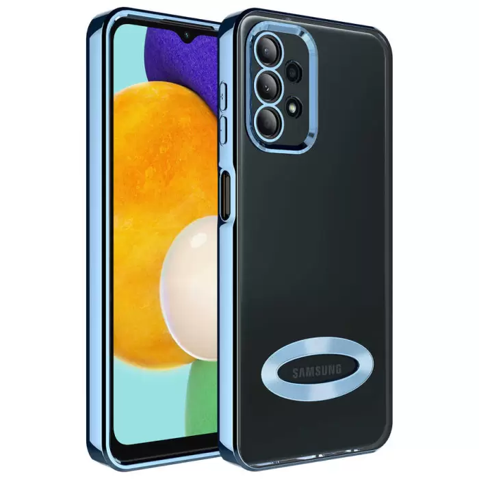 Samsung Galaxy A13 4G Kamera Lens Korumalı Şeffaf Renkli Logo Gösteren Parlak Omega Kapak