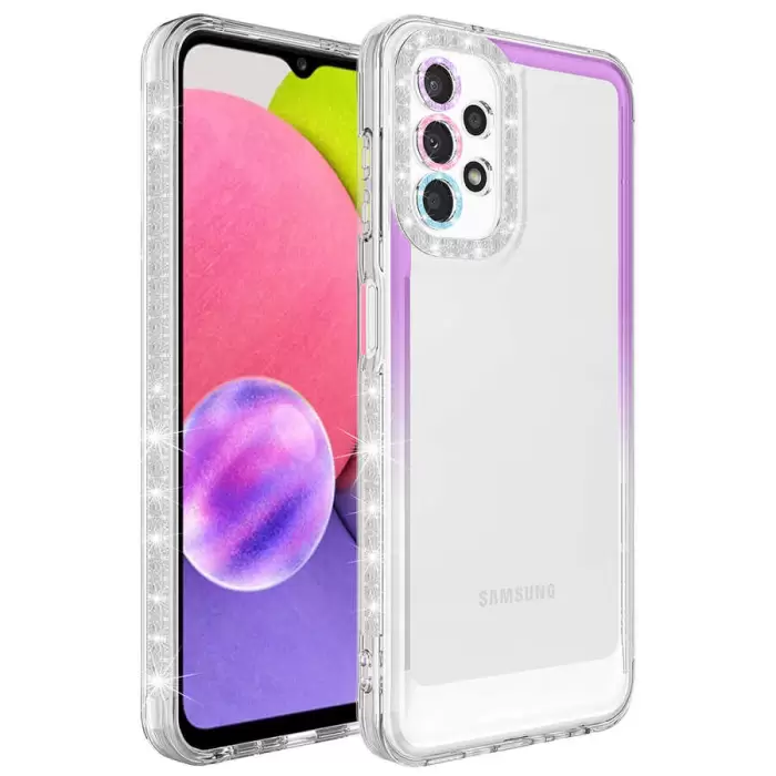 Samsung Galaxy A13 4G Kılıf Simli ve Renk Geçiş Tasarımlı Lens Korumalı Lopard Park Kapak