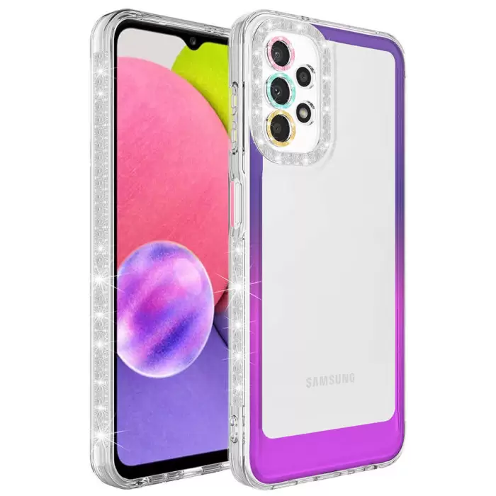 Samsung Galaxy A13 4G Kılıf Simli ve Renk Geçiş Tasarımlı Lens Korumalı Lopard Park Kapak