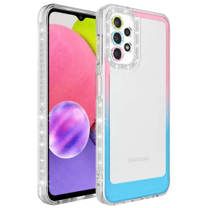 Samsung Galaxy A13 4G Kılıf Simli ve Renk Geçiş Tasarımlı Lens Korumalı Lopard Park Kapak