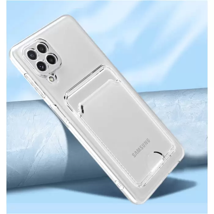 Samsung Galaxy A22 4G Kılıf Şeffaf Renksiz Kartlıklı Cüzdanlı Kamera Korumalı Esnek Silikon Kapak Setra