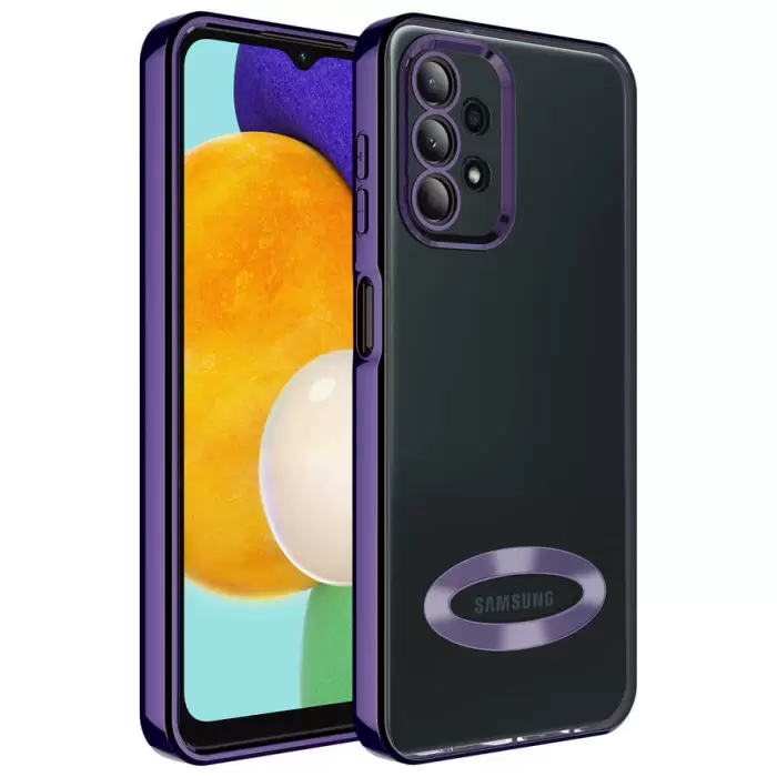 Samsung Galaxy A23 Kamera Lens Korumalı Şeffaf Renkli Logo Gösteren Parlak Omega Kapak