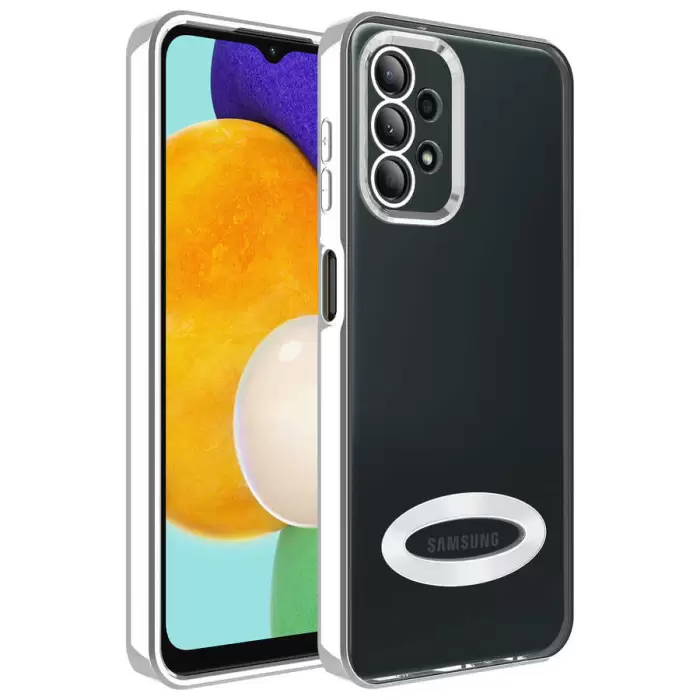 Samsung Galaxy A23 Kamera Lens Korumalı Şeffaf Renkli Logo Gösteren Parlak Omega Kapak