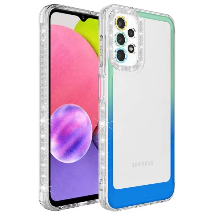 Samsung Galaxy A23 Kılıf Simli ve Renk Geçiş Tasarımlı Lens Korumalı Lopard Park Kapak