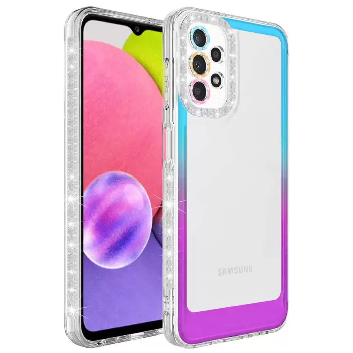 Samsung Galaxy A23 Kılıf Simli ve Renk Geçiş Tasarımlı Lens Korumalı Lopard Park Kapak