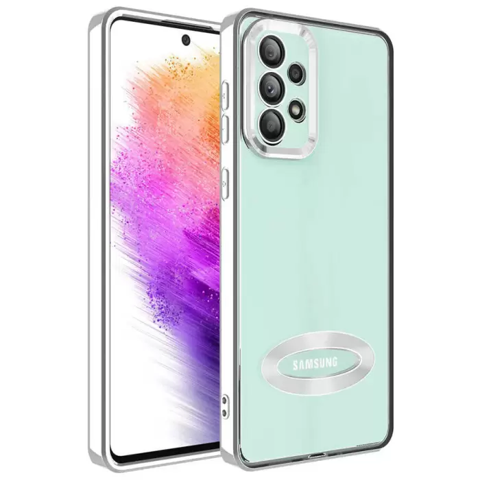 Samsung Galaxy A53 5G Kamera Lens Korumalı Şeffaf Renkli Logo Gösteren Parlak Omega Kapak