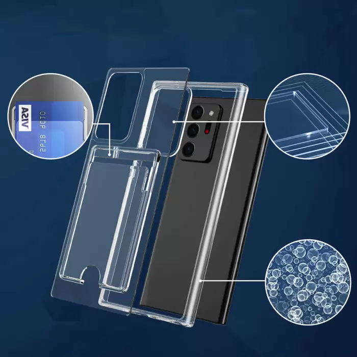 Samsung Galaxy Note 20 Ultra Uyumlu Esnek Silikon Kılıf Şeffaf Kartlıklı Cüzdanlı Ensa Kapak