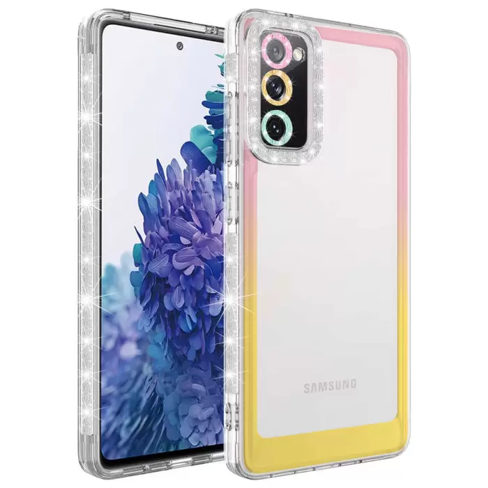 Samsung Galaxy S20 FE Kılıf Simli ve Renk Geçiş Tasarımlı Lens Korumalı Lopard Park Kapak