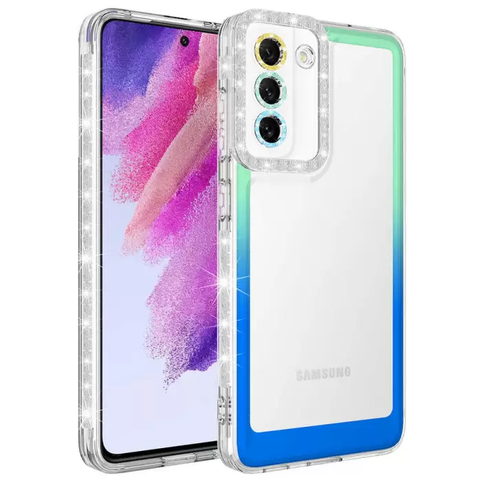 Samsung Galaxy S21 FE Kılıf Simli ve Renk Geçiş Tasarımlı Lens Korumalı Lopard Park Kapak