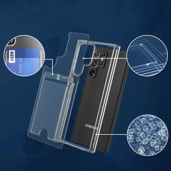 Samsung Galaxy S21 Ultra Uyumlu Esnek Silikon Kılıf Şeffaf Kartlıklı Cüzdanlı Ensa Kapak