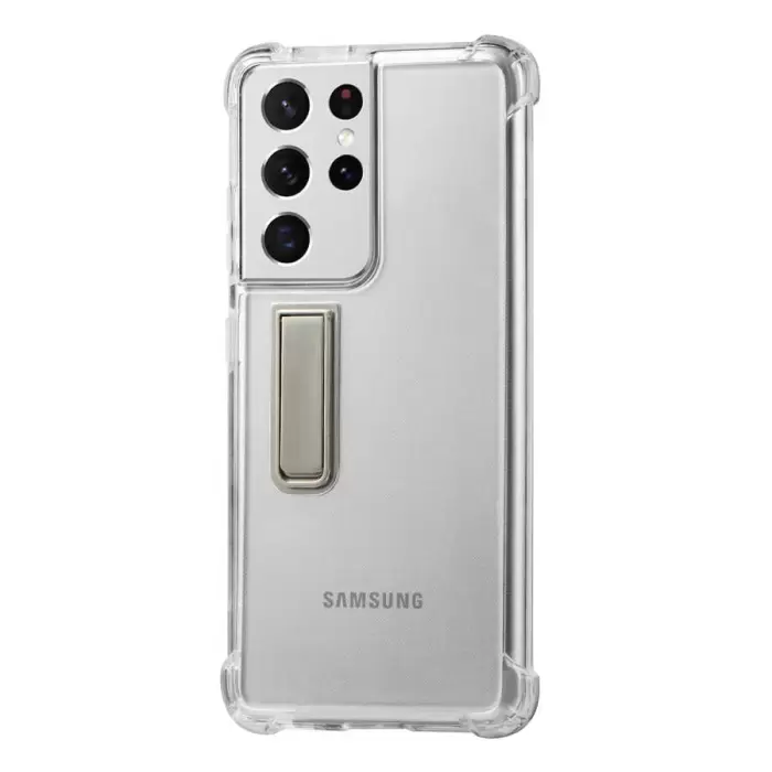 Samsung Galaxy S21 Ultra Kılıf Lopard Standlı Kamera Korumalı Renksiz Şeffaf Esnek Silikon Kapak Süper