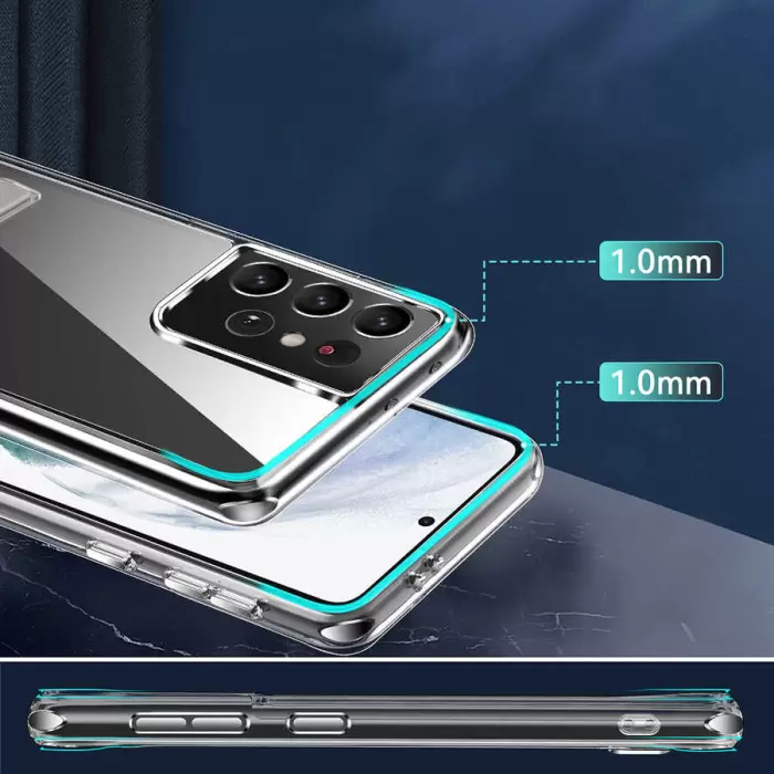 Samsung Galaxy S21 Ultra Kılıf Standlı Şeffaf Silikon Lopard L-Stand Kapak